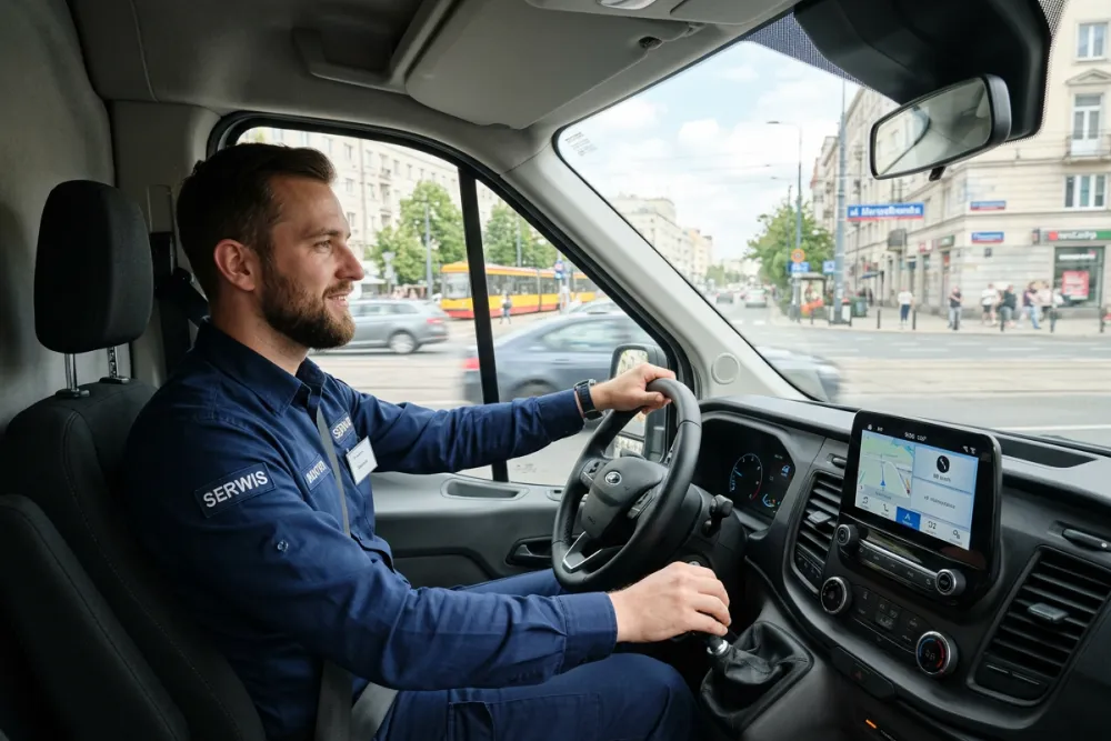 Serwisant jadący samochodem z nawigacją do kolejnego zleceni